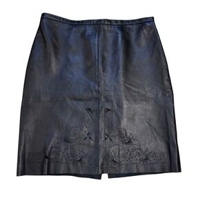 B&J Black Genuine Leather Pencil Skirt Laser Cut Floral Hem Womens Size 12
